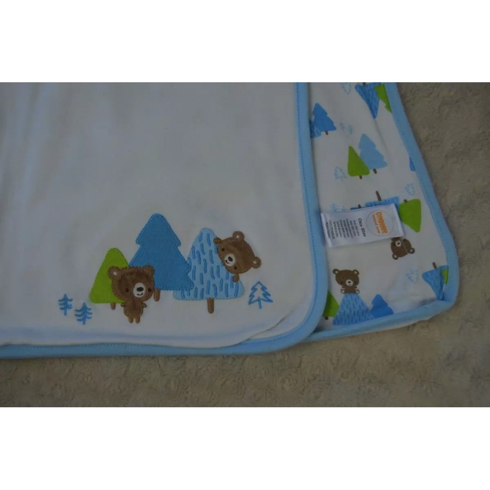 Gymboree Two Teddy Bears Baby Blanket Blue White Green Mountains Trees 2014